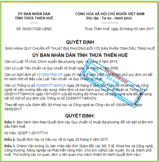 Quy chuẩn về chất lượng tinh dầu tràm Huế