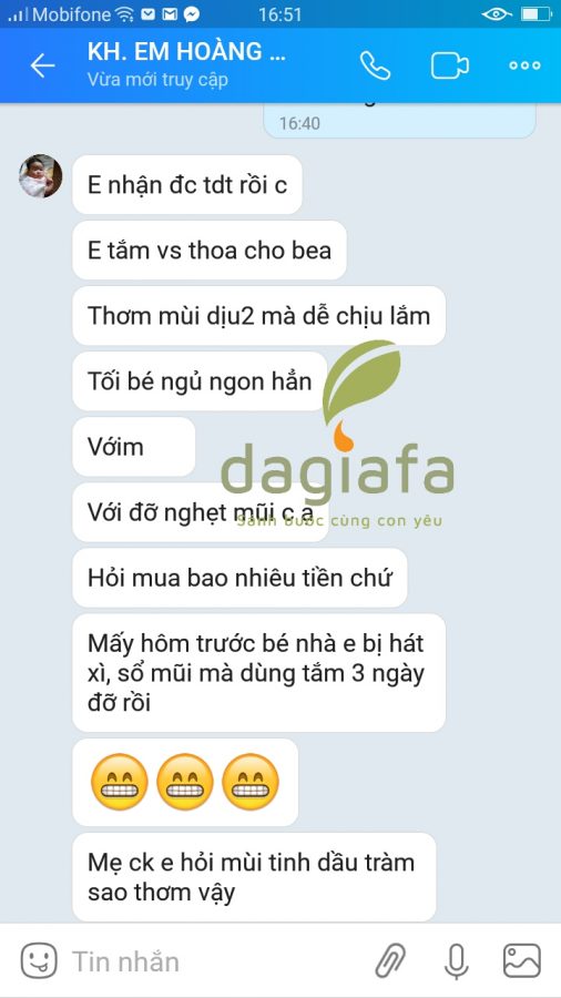 Chị Hoàng Anh - Nam Định khen tinh dầu tràm Dagiafa mùi thơm, dùng cho bé hiệu quả